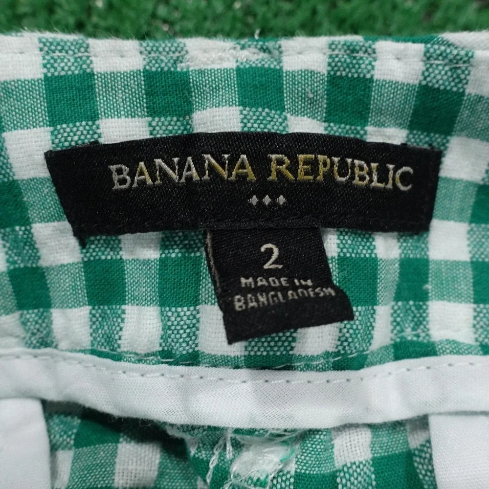 Banana Republic‎ Pants Womens 2 Green Gingham Paperbag Crop Twill Belted Linen